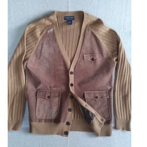 Daniel Cremieux Collection Men Brown Suede Leather Wool Blend V Neck Cardigan M
